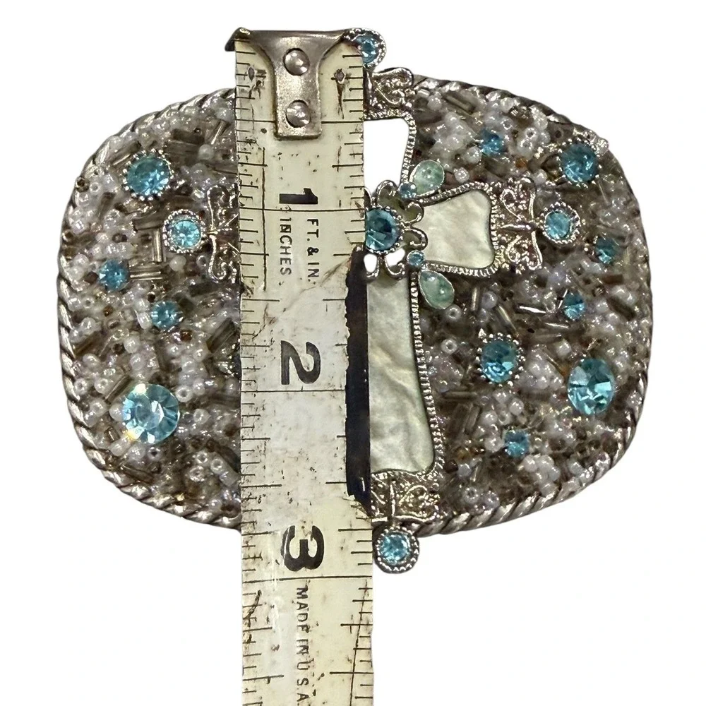 T's Buckin Buckles Cross Belt Buckle Western Christian Cowgirl Blue Rhinestone - Picture 9 of 10